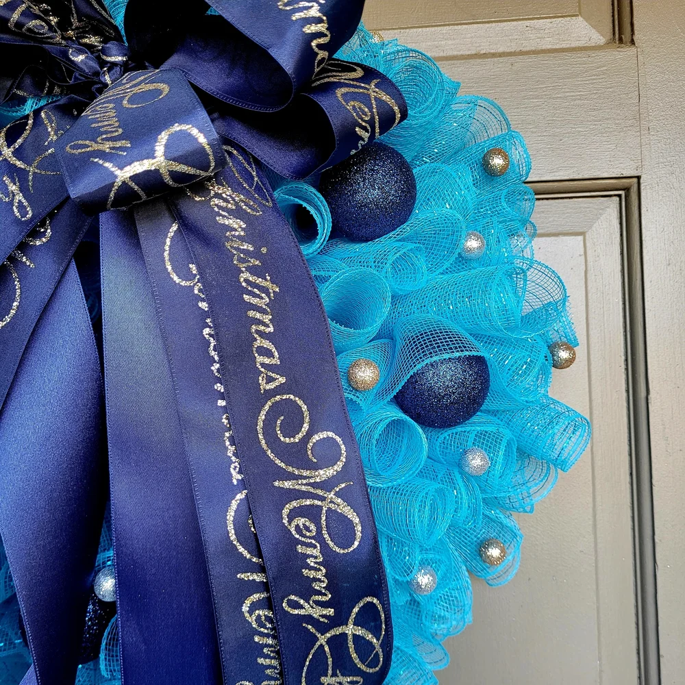 New Handmade Blue Christmas Wreath with Ribbon Accents